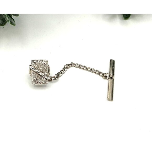 Vintage Silver-Tone Textured Tie Tack With Chain & Bar by Swank - Picture 1 of 3